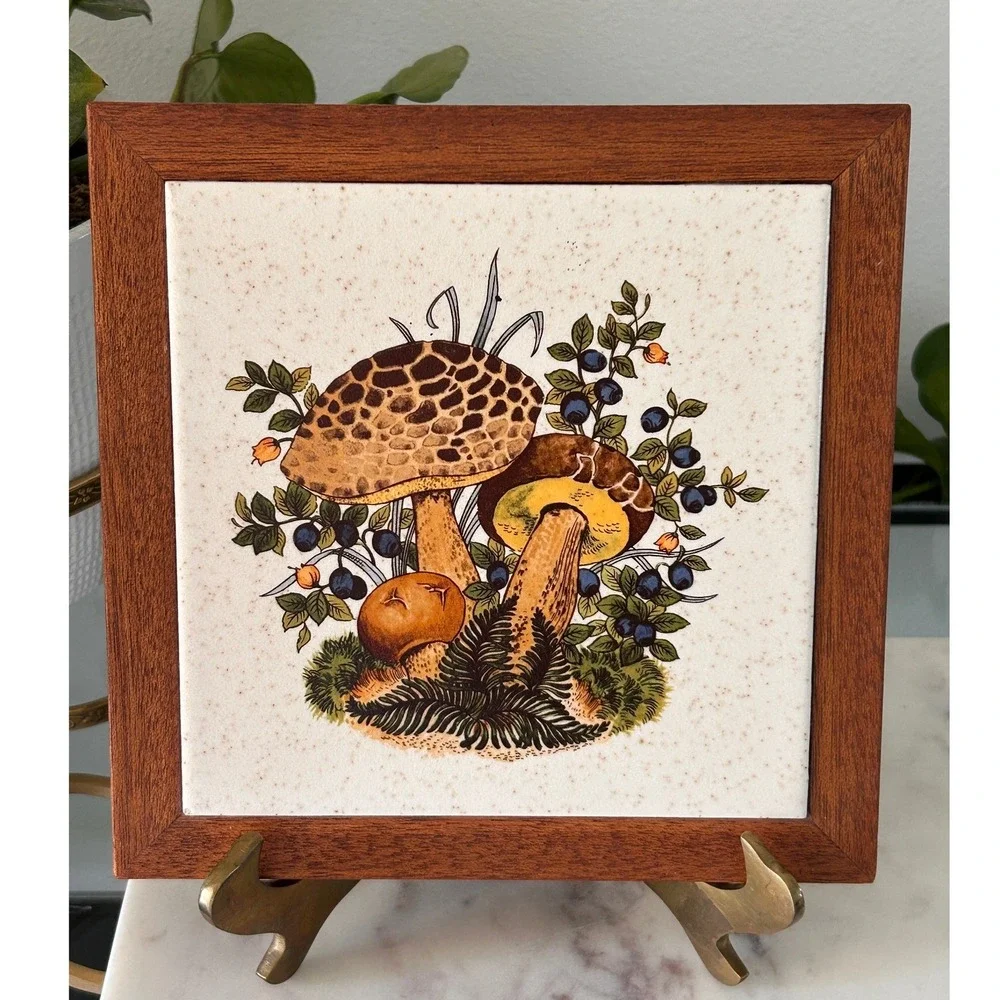 Creations by Deede Vintage Mushroom Tile Trivet Wood Frame Gig Harbor WA USA 7